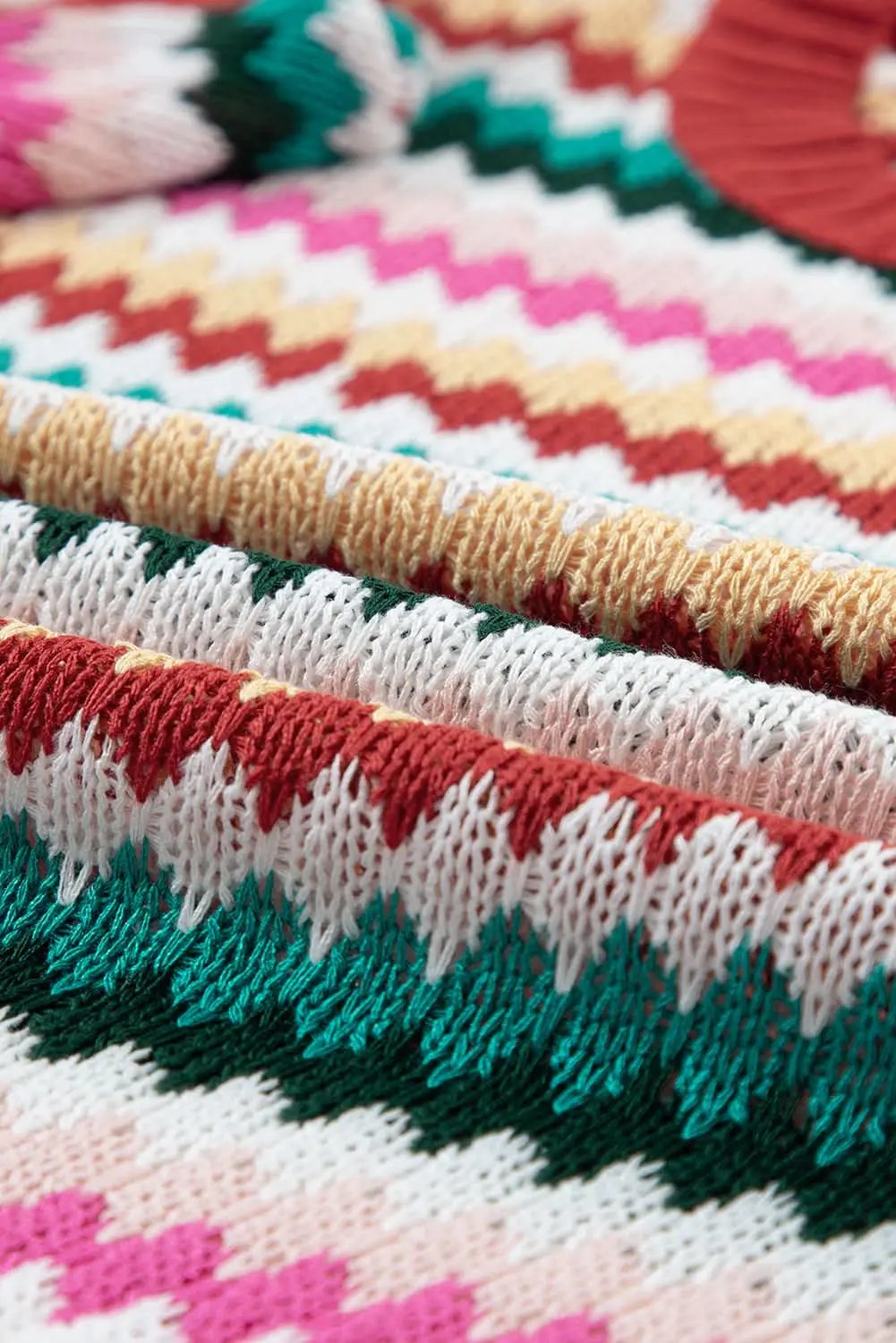 Fiery Red Trimmed Ruffle Sleeve Colorful Textured Sweater - Love Salve